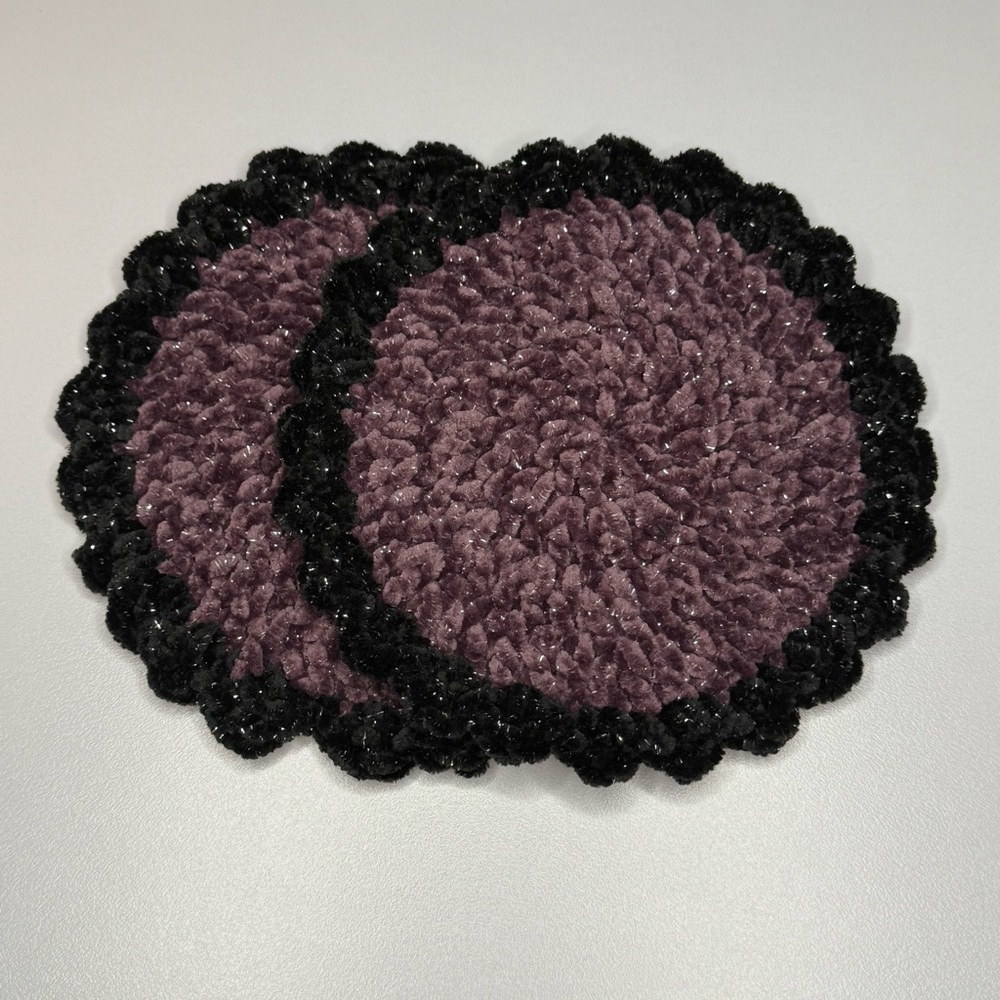 Crochet Glitter Coasters Set of 2 - Glitter Black and Deep Purple Fall Decor